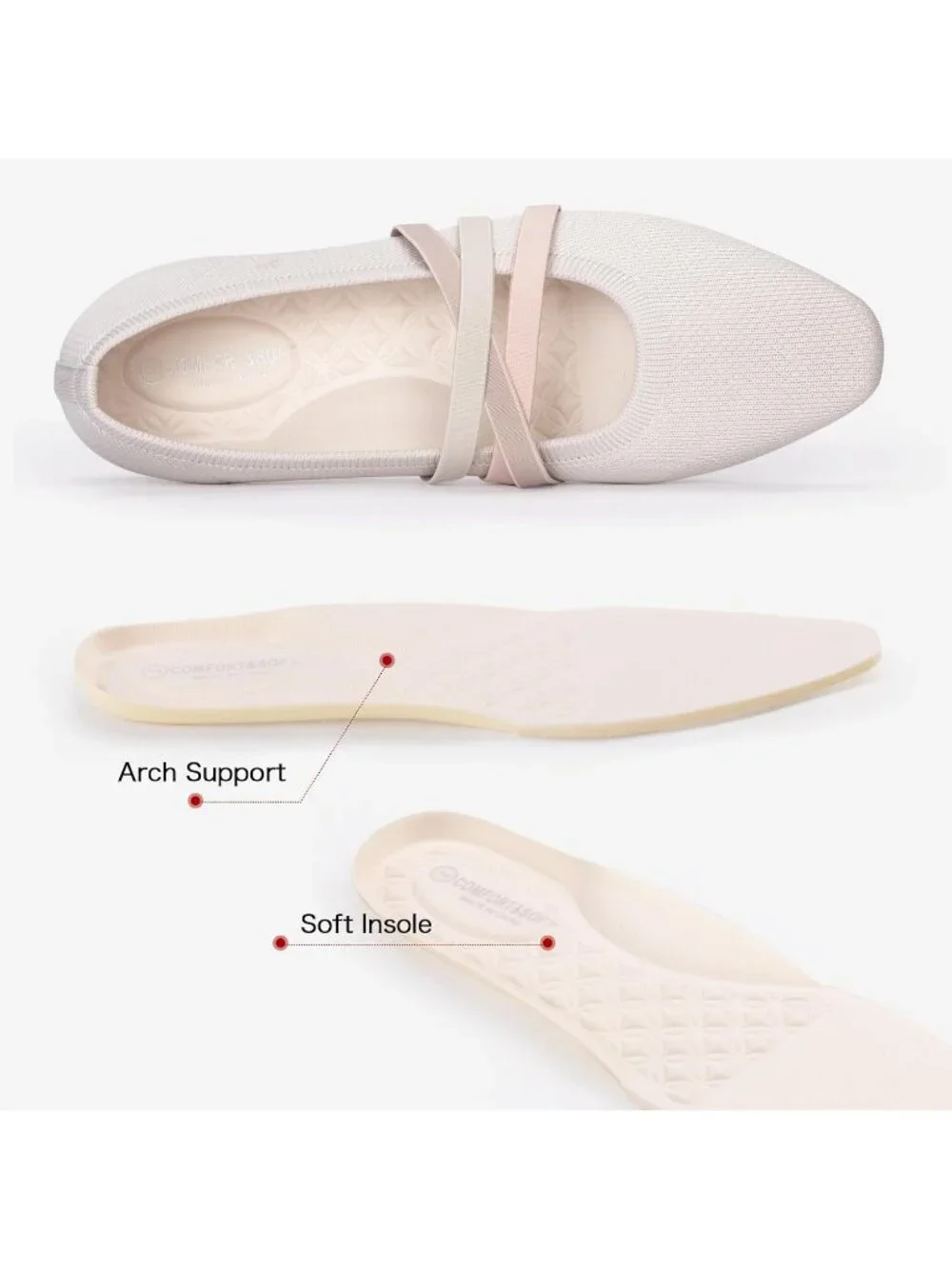 Women's Beige Knit Square Toe Ballet Flats Mary Jane Slip On Causal Shoes